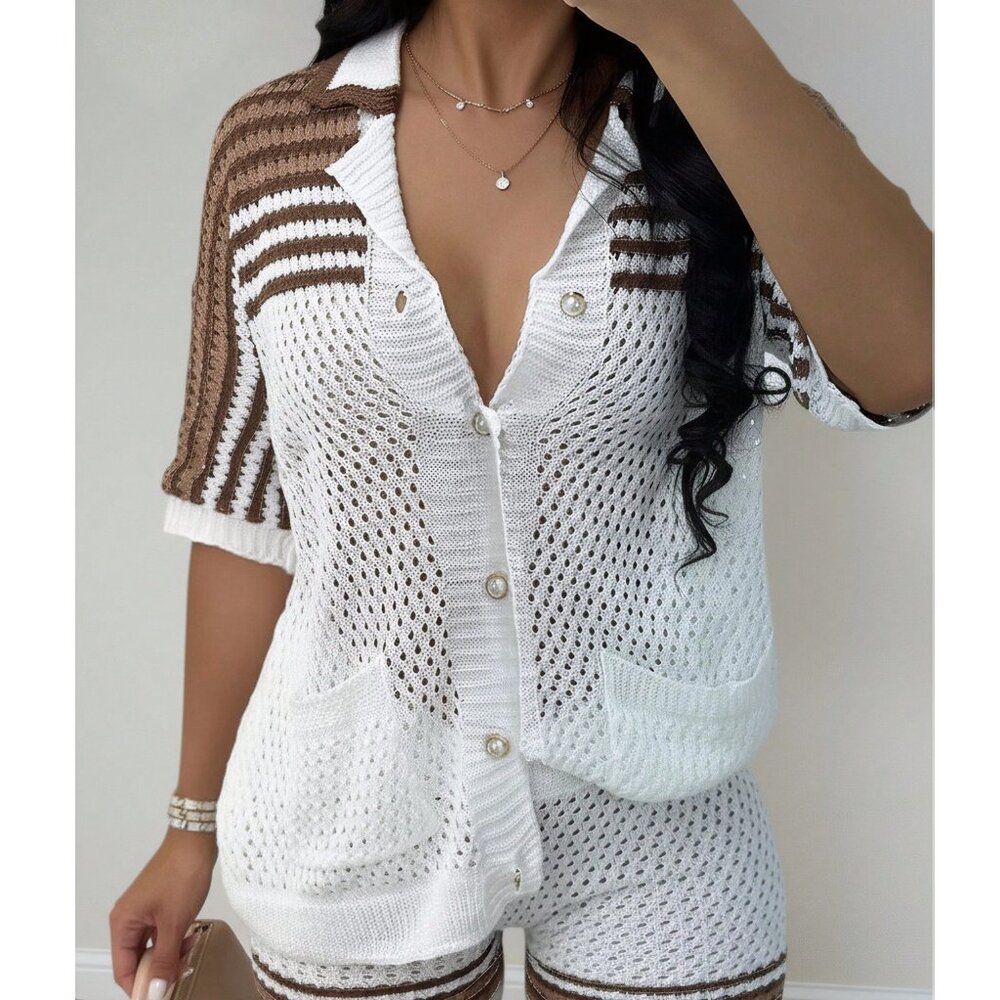 Shein Striped Pattern Front Button Short Sleeve S… - image 3